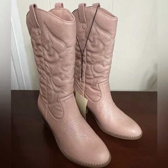 Cowgirl Boots pink faux leather Mid-Calf Stiching Western Low Stacked Heel - Picture 4 of 12